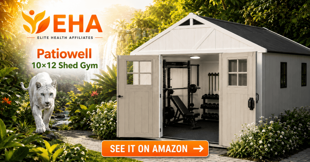 Patiowell 10×12 shed gym with open doors, power rack, bench, dumbbells, EHA white panther branding, and Amazon CTA