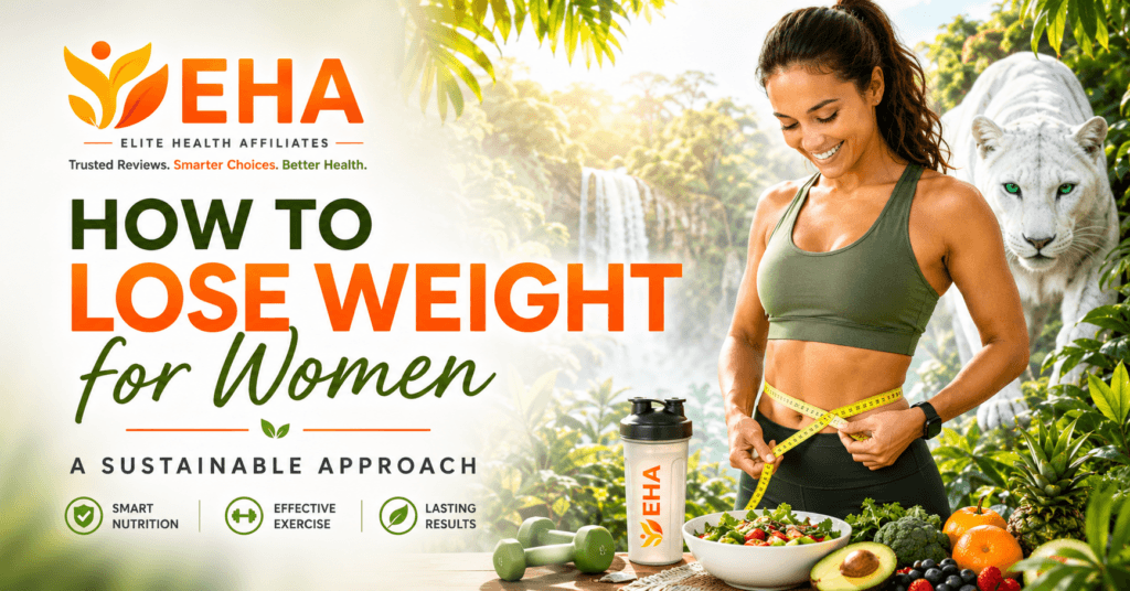 EHA-branded image showing a woman measuring her waist beside healthy food, dumbbells, and the white panther for a sustainable weight-loss approach.
