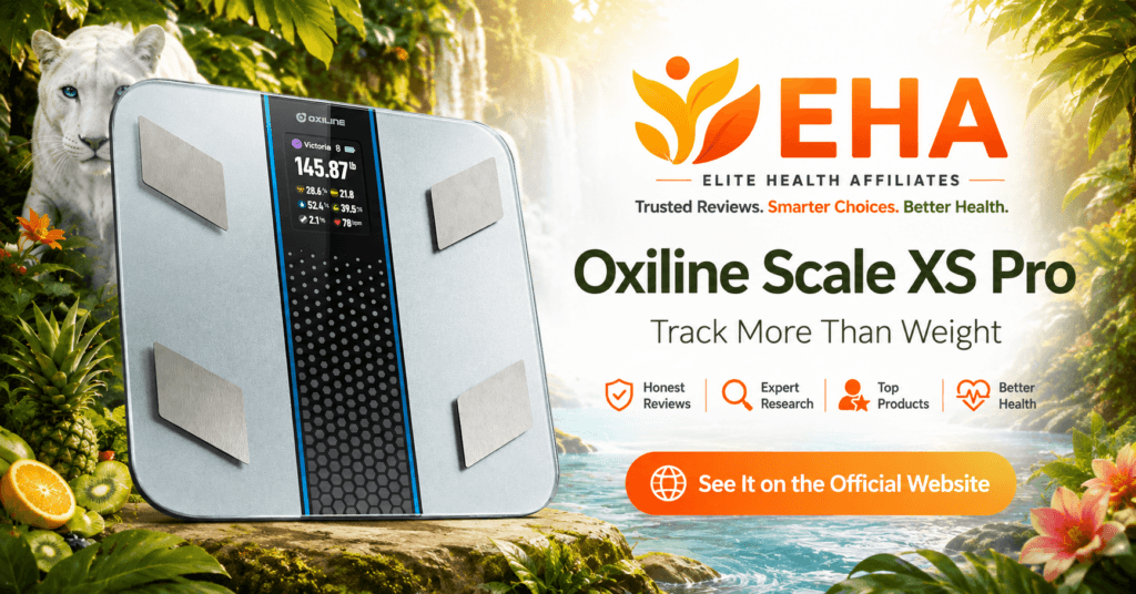 Oxiline Scale XS Pro featured in an EHA-branded wellness image with a soft call to action to visit the official website