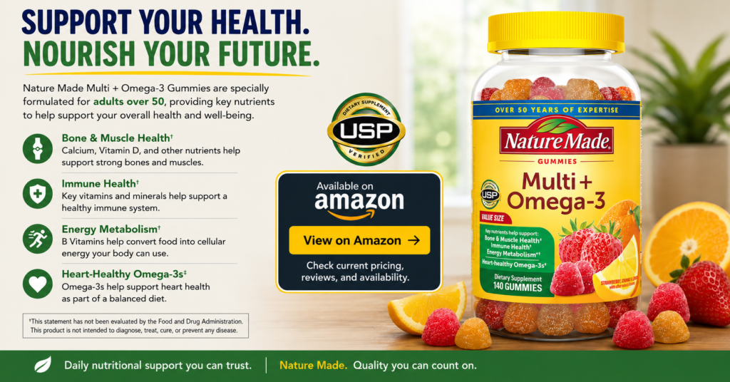 Nature Made Multi + Omega-3 Gummies for adults over 50, featuring key nutrients that support bone health, immune function, energy metabolism, and heart health, with an Amazon call-to-action for pricing, reviews, and availability.