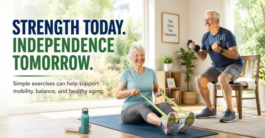 Active seniors performing simple strength-training exercises at home using resistance bands and light dumbbells, highlighting how regular exercise can help support mobility, balance, independence, and healthy aging.