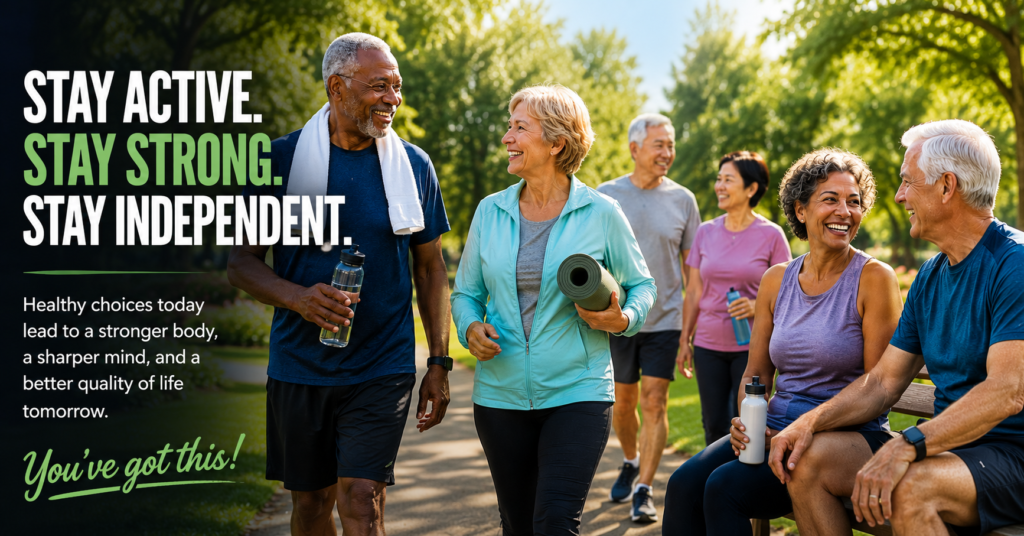 Diverse group of active older adults walking, exercising, and socializing outdoors, highlighting how healthy lifestyle choices can support strength, independence, mental wellness, and quality of life as we age.