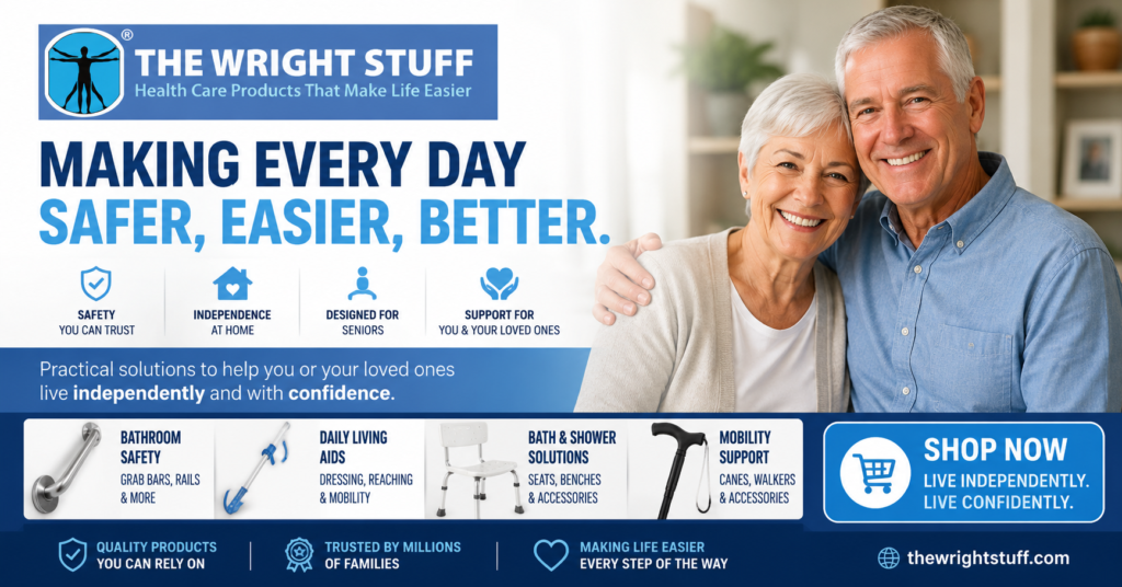 The Wright Stuff senior assist products featuring mobility aids, bathroom safety equipment, daily living tools, and home accessibility solutions designed to help older adults maintain independence, safety, and confidence at home.