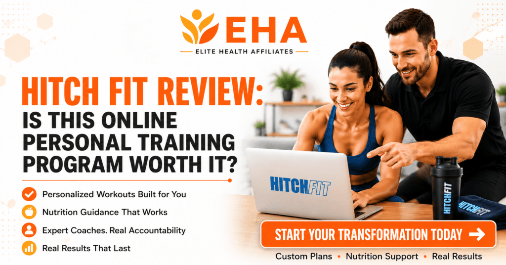 Hitch Fit review featured image showing online personal training with personalized coaching, custom workout plans, nutrition guidance, and expert accountability in a modern home fitness setting