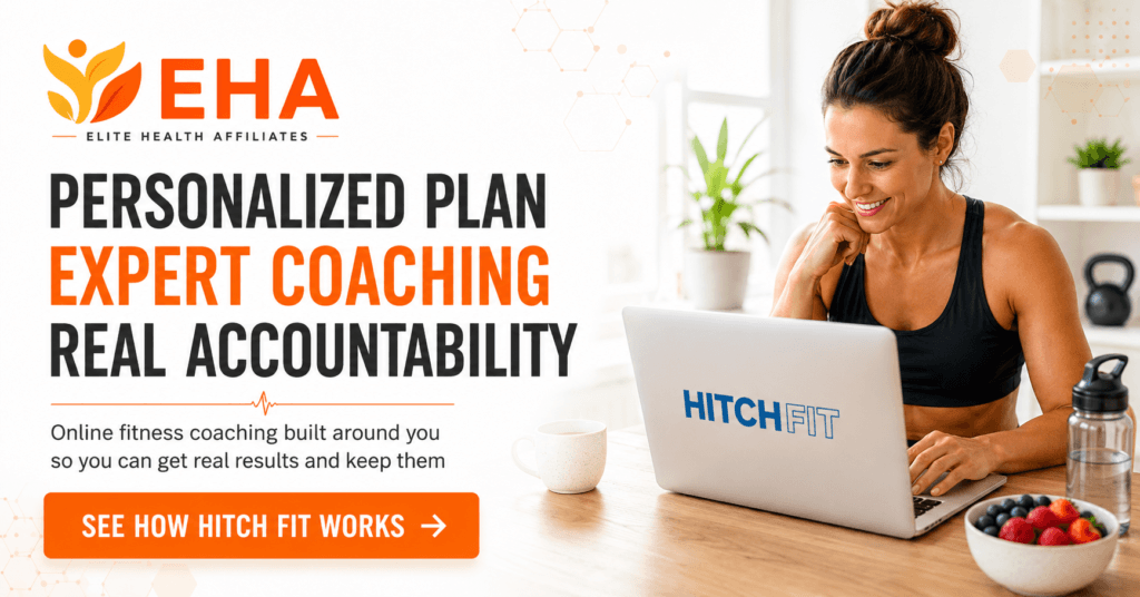 Woman using a Hitch Fit online personal training program on a laptop with personalized fitness coaching, expert guidance, accountability, and healthy lifestyle support