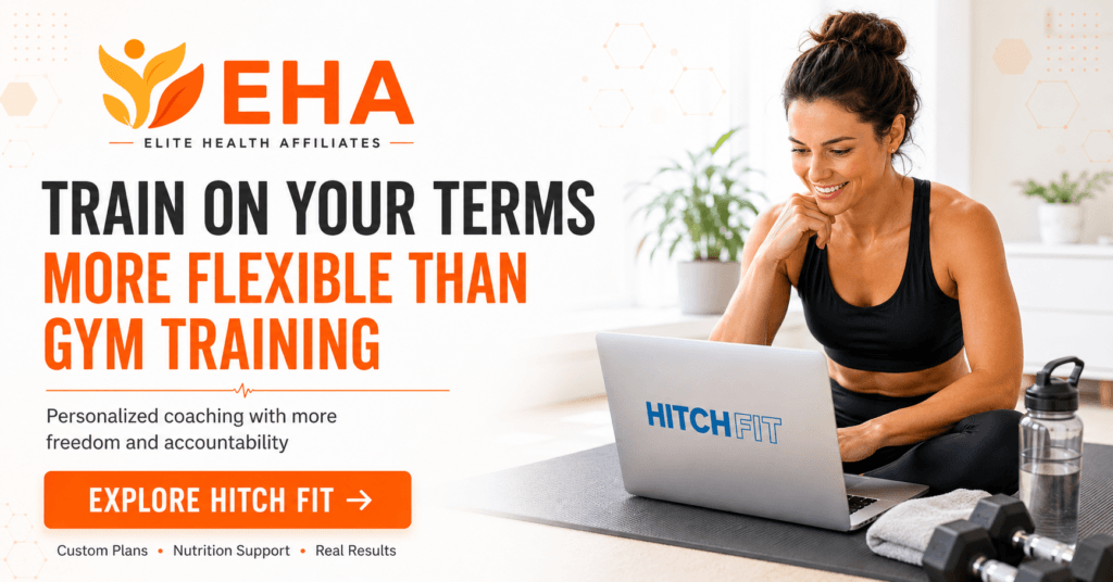 Woman following a Hitch Fit online personal training program at home with flexible workouts, personalized coaching, nutrition support, and fitness accountability