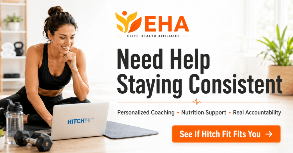 Woman using the Hitch Fit online personal training program at home with personalized coaching, nutrition support, and accountability to help her stay consistent