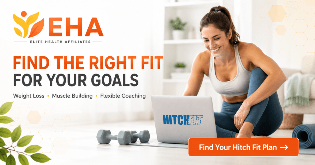 Woman choosing a personalized Hitch Fit online training plan at home for weight loss, muscle building, flexible coaching, and fitness support