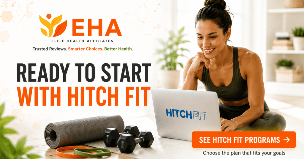 Woman choosing a personalized Hitch Fit online training program at home with dumbbells, resistance bands, and a workout mat