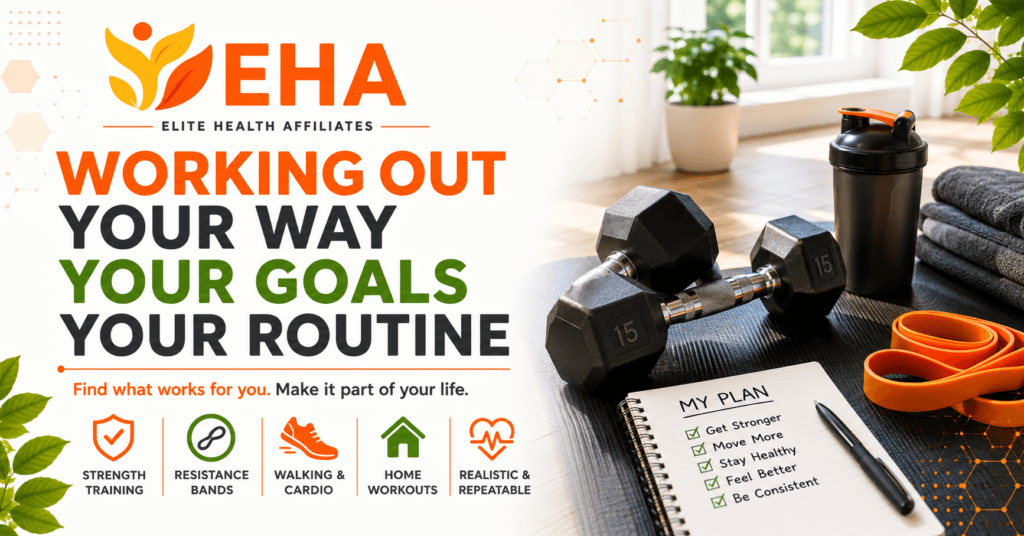 Strength-training equipment beside the message “Working Out Your Way, Your Goals, Your Routine” with EHA branding and examples of realistic, repeatable workout options.