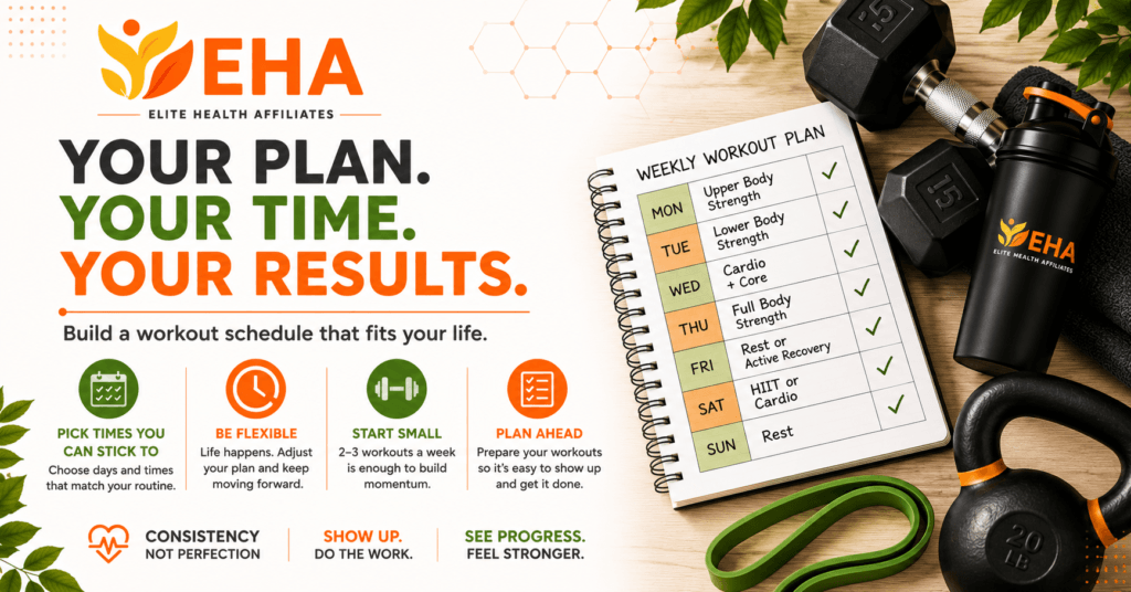 How to get motivated to work out strength-training equipment and a weekly workout planner beside the message “Your Plan, Your Time, Your Results” with EHA branding and tips for building a flexible workout schedule.