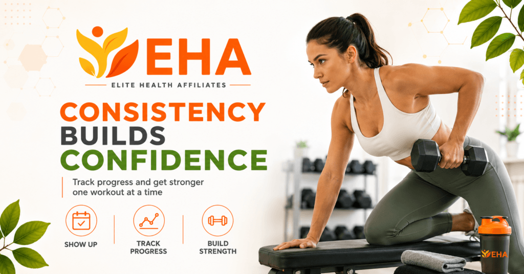 Woman performing a one-arm dumbbell row beside the message “Consistency Builds Confidence” with EHA branding and reminders to show up, track progress, and build strength.