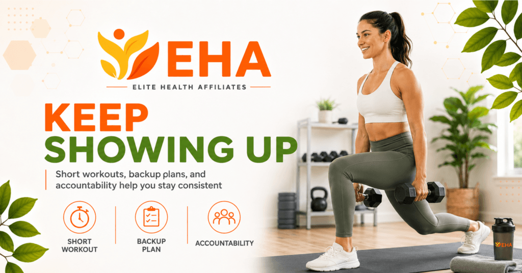 Woman performing a dumbbell lunge beside the message “Keep Showing Up” with EHA branding and reminders to use short workouts, backup plans, and accountability.