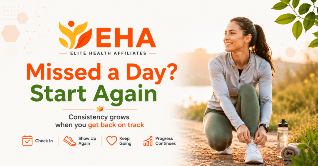 Woman tying her running shoes outdoors beside the message “Missed a Day? Start Again” with EHA branding and encouragement to get back on track.