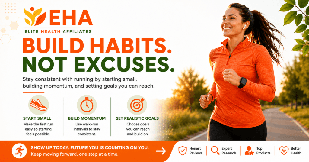 Woman jogging outdoors beside the message “Build Habits, Not Excuses” with EHA branding and tips to start small, build momentum, and set realistic running goals.