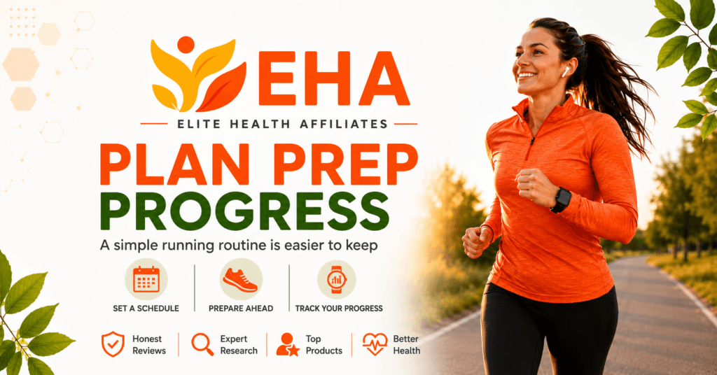 Woman running outdoors beside the message “Plan, Prep, Progress” with EHA branding and reminders to set a schedule, prepare ahead, and track running progress.
