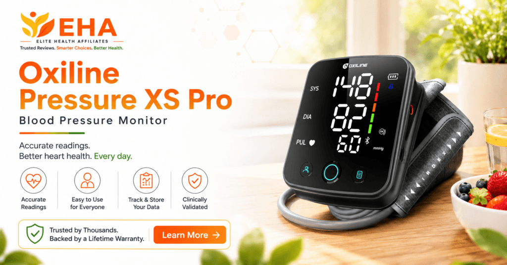 EHA-branded image of the Oxiline Pressure XS Pro blood pressure monitor highlighting accurate readings, easy use, data tracking, clinically validated technology, and everyday home blood pressure monitoring.