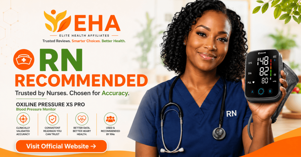 EHA-branded RN recommended image for the Oxiline Pressure XS Pro blood pressure monitor, featuring a nurse holding the device, accuracy-focused messaging, and a Visit Official Website CTA.