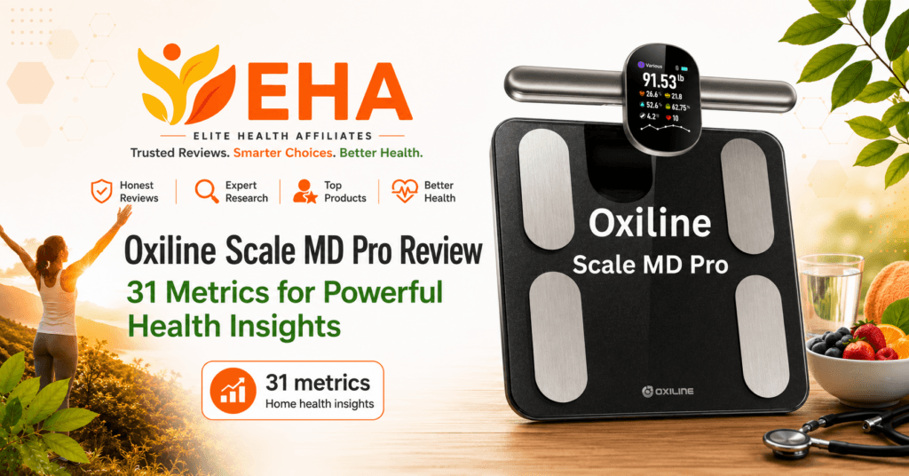 Oxiline Scale MD Pro smart scale featured in an EHA review image highlighting 31 body composition metrics and home health insights