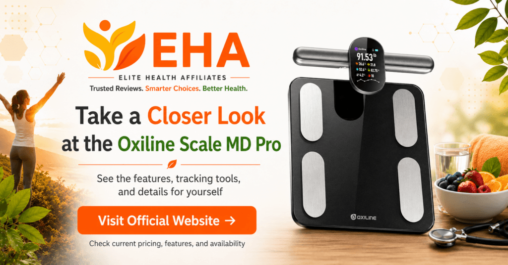 Oxiline Scale MD Pro with handheld sensor, EHA branding, and a soft call to visit the official website for current features, pricing, and availability
