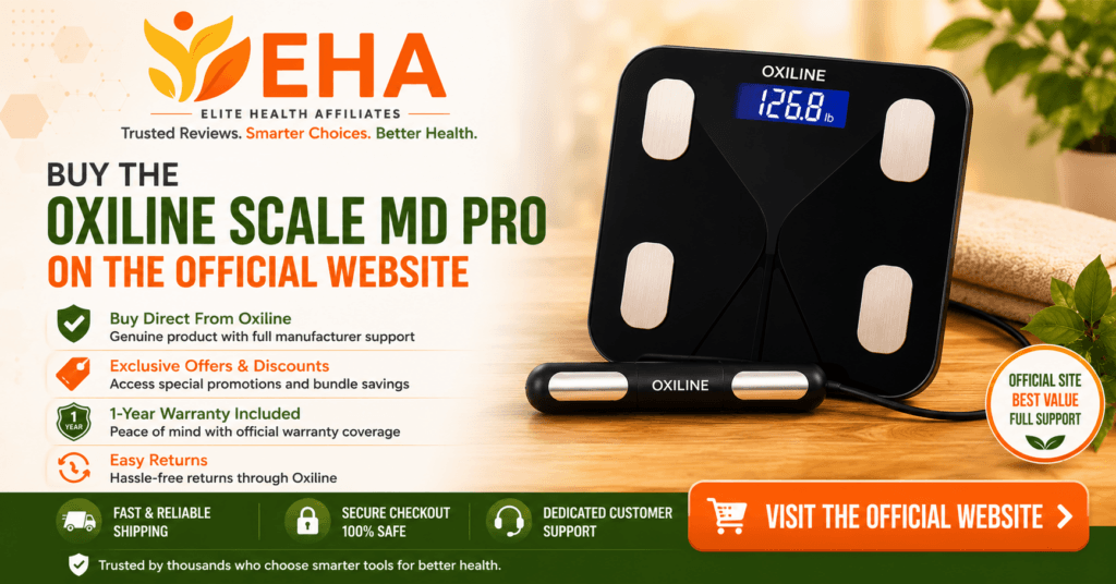Oxiline Scale MD Pro with EHA branding and a call to buy from the official website