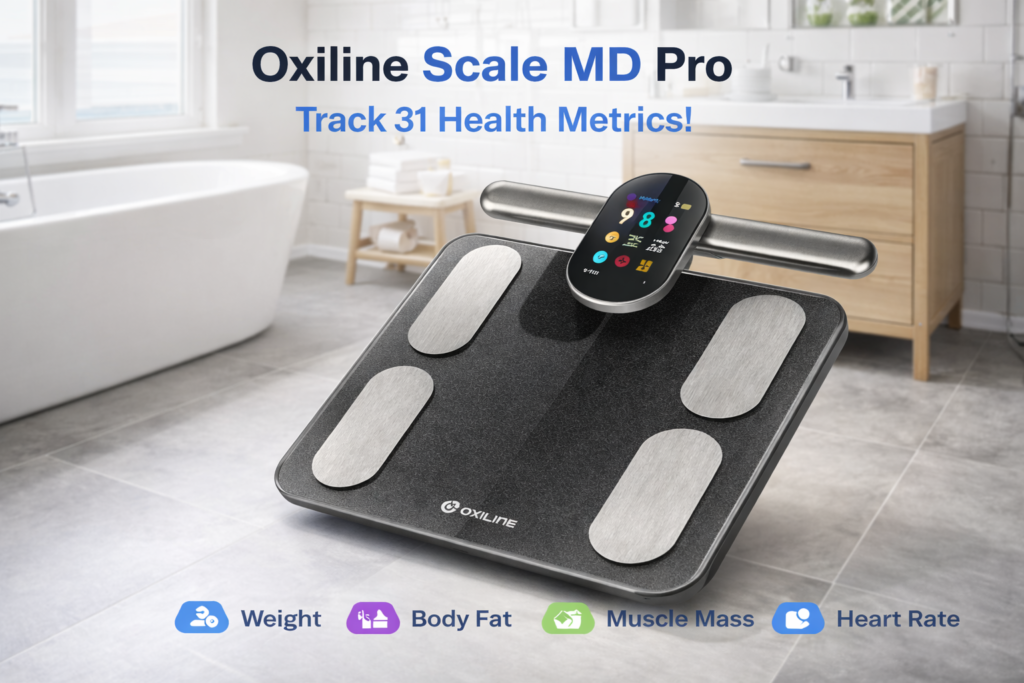 Oxiline Scale MD Pro in a home bathroom setting. 