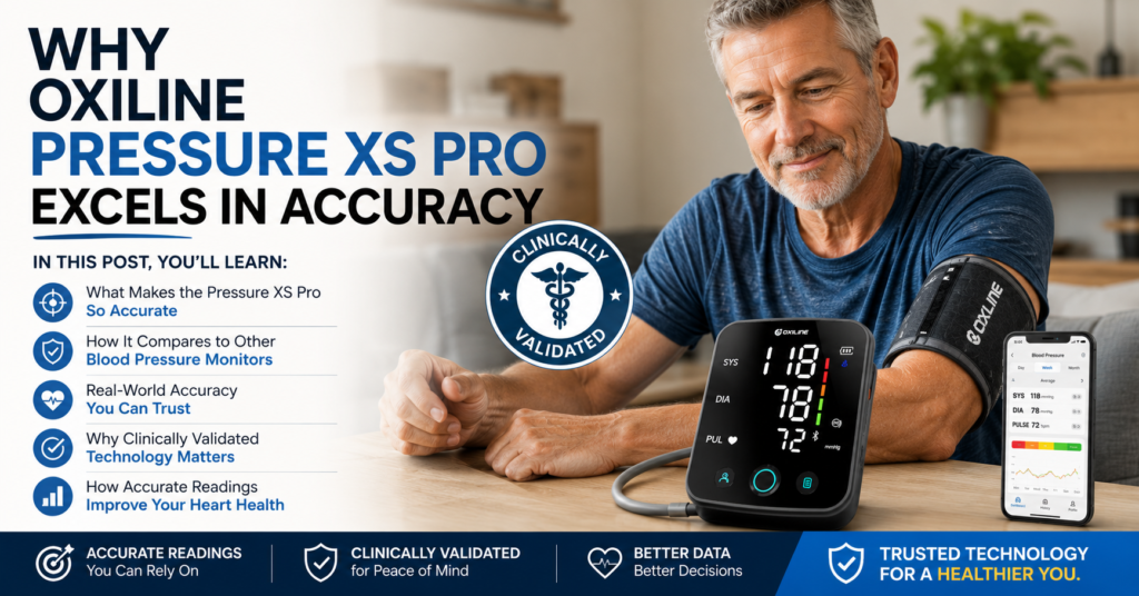 Middle-aged man using the Oxiline Pressure XS Pro blood pressure monitor at home while reviewing his readings, with educational callouts explaining what makes the monitor accurate, how it compares to other blood pressure monitors, and why clinically validated technology matters for home health tracking