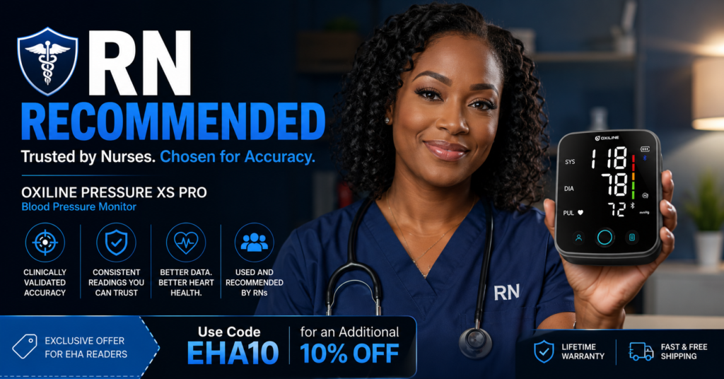 Registered nurse holding the Oxiline Pressure XS Pro blood pressure monitor, highlighting RN-recommended home blood pressure monitoring, clinically validated accuracy, consistent readings, lifetime warranty coverage, and an exclusive EHA10 discount offer