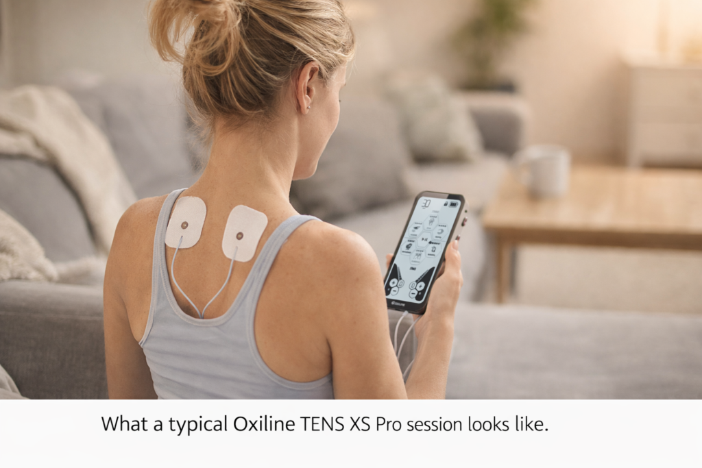 What a typical Oxiline TENS XS Pro session looks like. Oxiline TENS XS Pro review.