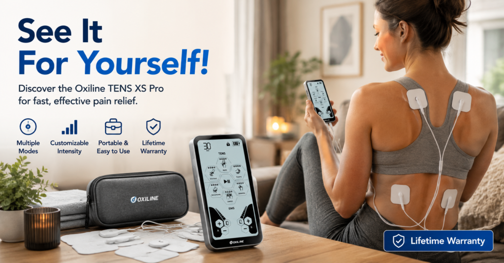 Woman using the Oxiline TENS XS Pro TENS unit at home for drug-free pain relief and muscle stimulation therapy.