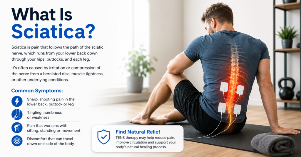Man using TENS therapy on his lower back with a sciatica pain illustration showing nerve discomfort from the lower back down the leg.