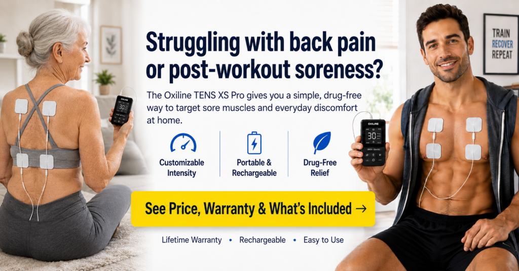 Elderly woman and man using the Oxiline TENS XS Pro at home for drug-free relief from back pain, sore muscles, and post-workout discomfort.