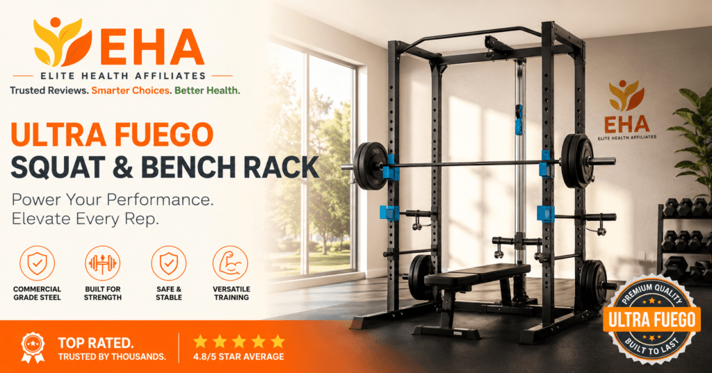 EHA branded featured image showing the Ultra Fuego squat and bench rack in a bright home gym, with bold orange promotional text, product feature icons, star rating graphics, and a top-rated value message.