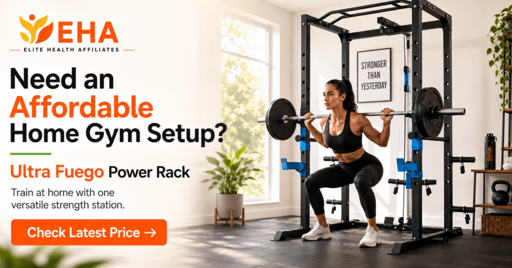 EHA branded lifestyle image showing a woman using the Ultra Fuego power rack in a bright home gym, with text highlighting an affordable home gym setup, versatile strength training, and a Check Latest Price CTA button.