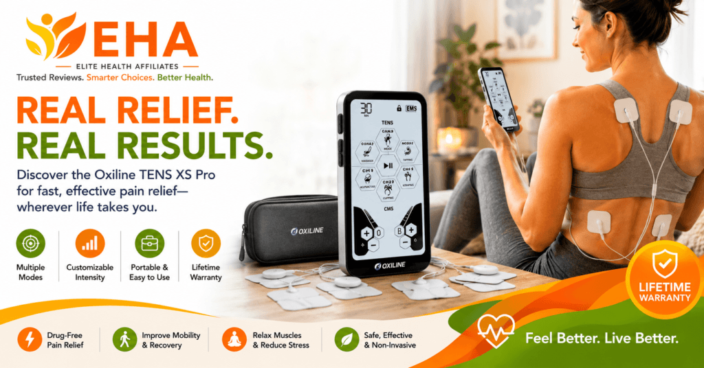 Oxiline TENS XS Pro portable pain relief device displayed with carrying case and electrode pads while a woman uses the unit at home. EHA branded image highlighting fast, customizable drug-free pain relief, portability, multiple modes, and lifetime warranty.