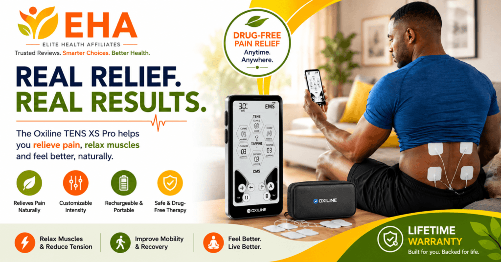 Man using the Oxiline TENS XS Pro at home with electrode pads applied to his lower back while controlling the device from a handheld unit. EHA branded image highlighting natural pain relief, customizable intensity, rechargeable portability, drug-free therapy, and lifetime warranty.