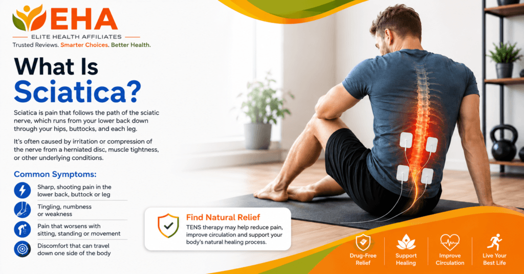 EHA branded sciatica infographic showing a man using TENS therapy pads on his lower back, with common sciatica symptoms and natural drug-free pain relief benefits highlighted.