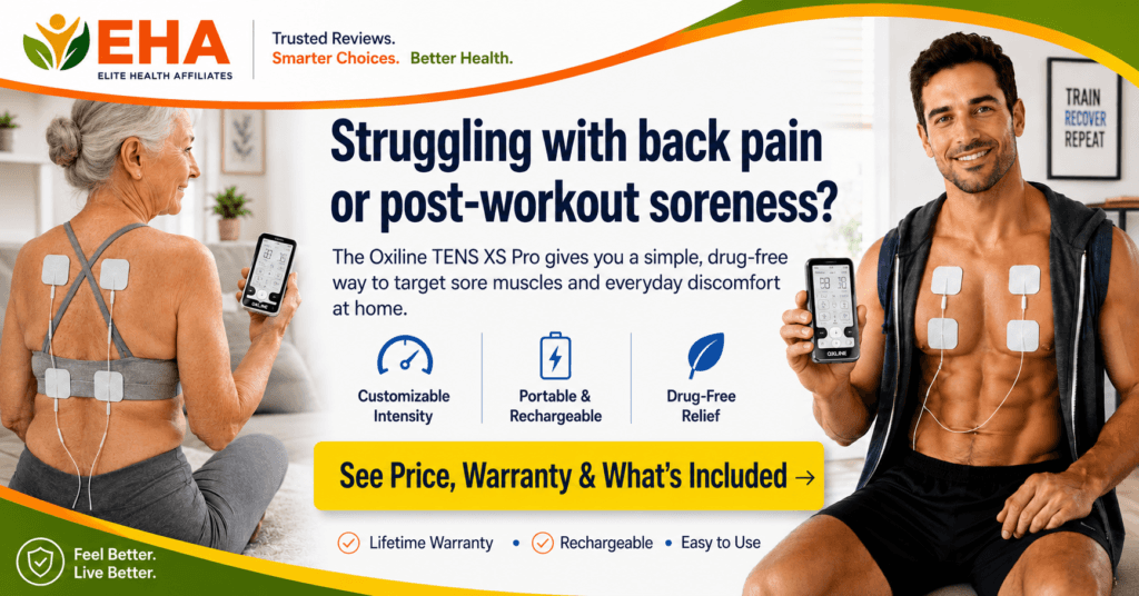 EHA branded Oxiline TENS XS Pro image showing a woman and man using TENS pads for back pain and post-workout soreness, with customizable intensity, portability, drug-free relief, lifetime warranty, and easy-use benefits highlighted.