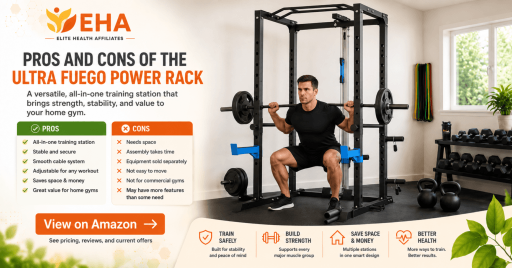 EHA-branded pros and cons graphic showing a man using the Ultra Fuego Power Rack in a bright home gym, with key benefits, drawbacks, and a View on Amazon CTA.