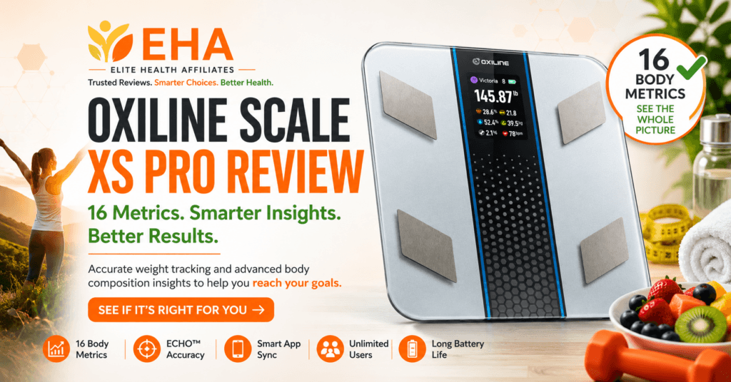 Oxiline Scale XS Pro smart scale showing 16 body metrics, app syncing, and body composition tracking in an EHA review image