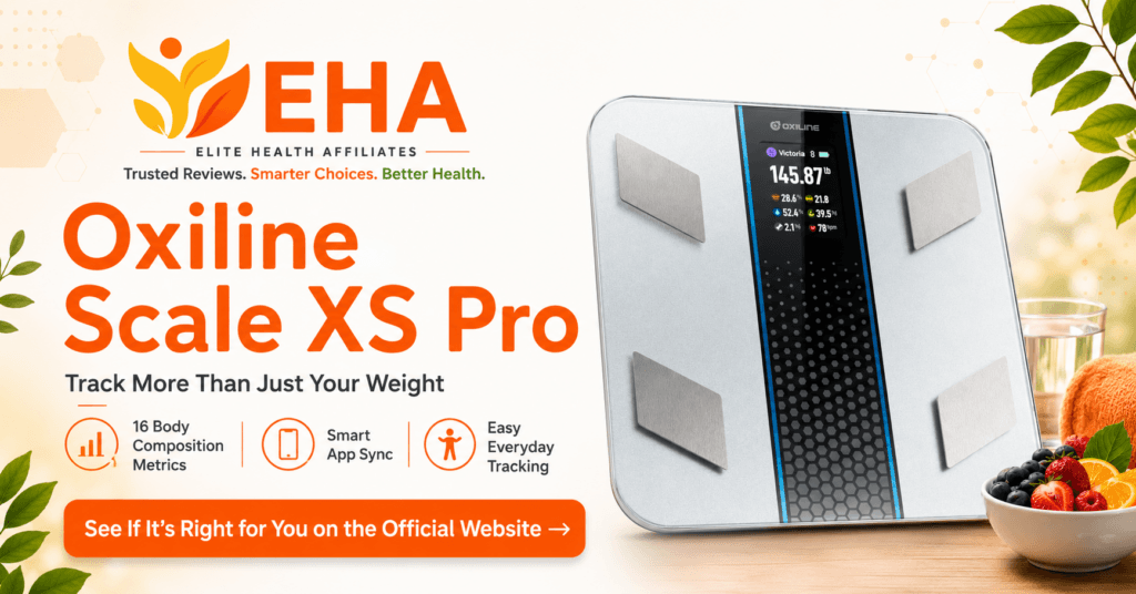 Oxiline Scale XS Pro smart scale with 16 body composition metrics, app syncing, and official website CTA in EHA branding