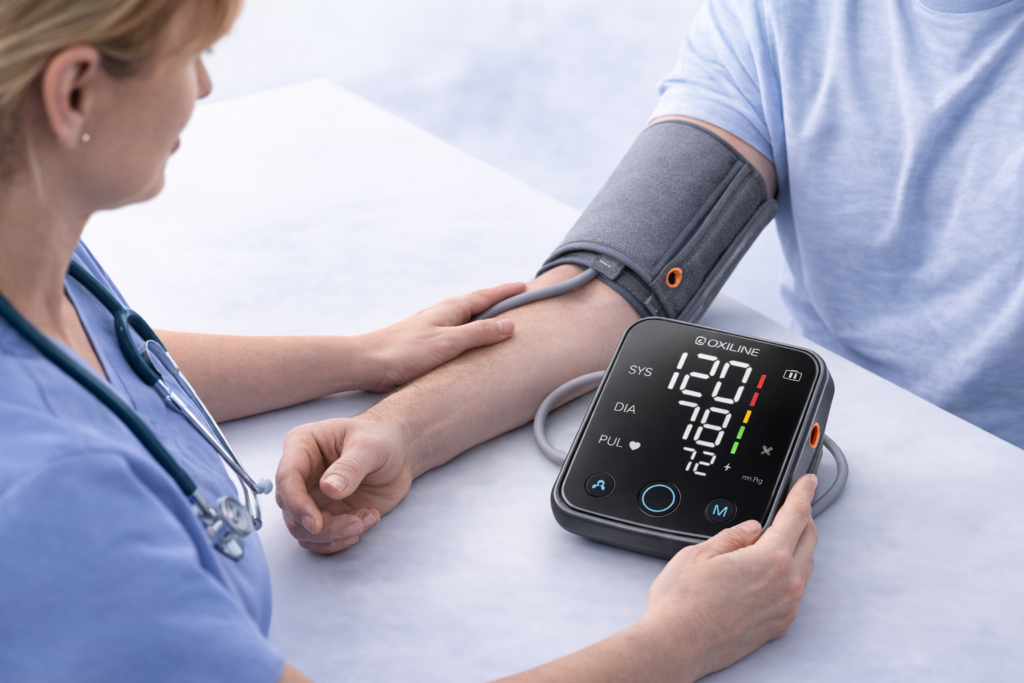 nurse measuring blood pressure using Oxiline Pressure XS Pro monitor.