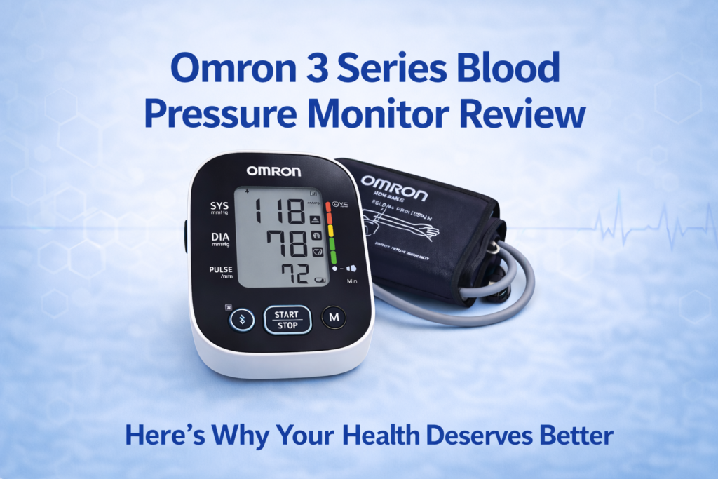 Omron 3 Series Blood Pressure Monitor review showing digital monitor and cuff.
