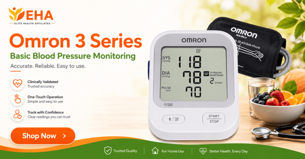 Omron 3 Series blood pressure monitor with EHA branding and a Shop Now button for basic home blood pressure monitoring.