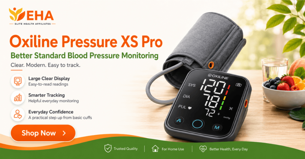 Oxiline Pressure XS Pro blood pressure monitor with EHA branding and a Shop Now button for better standard home blood pressure monitoring.