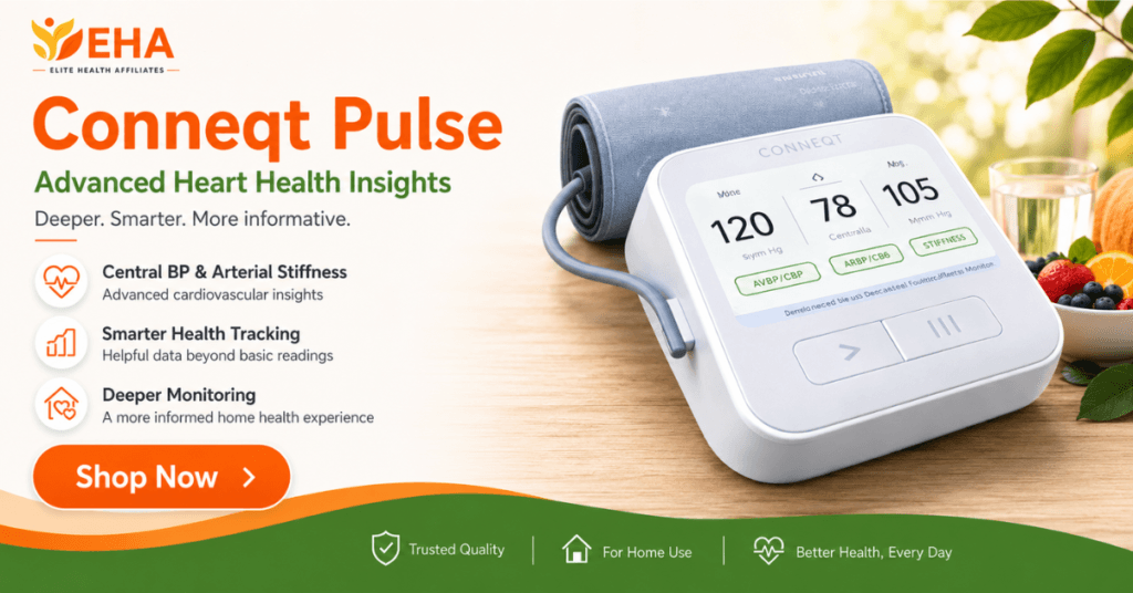Conneqt Pulse blood pressure monitor with EHA branding and a Shop Now button for advanced heart health insights.