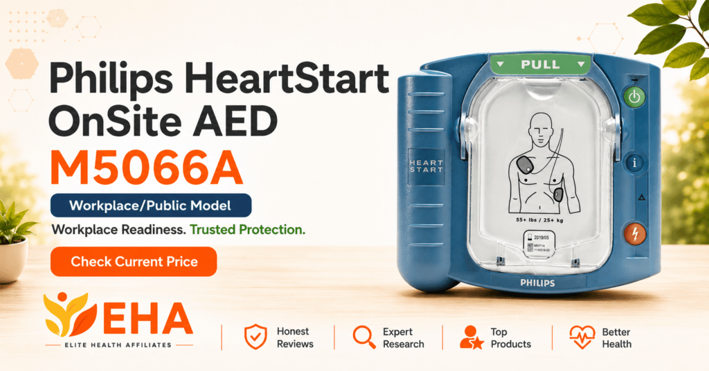 Philips HeartStart OnSite AED M5066A workplace and public-use model with EHA branding and a “Check Current Price” call to action.