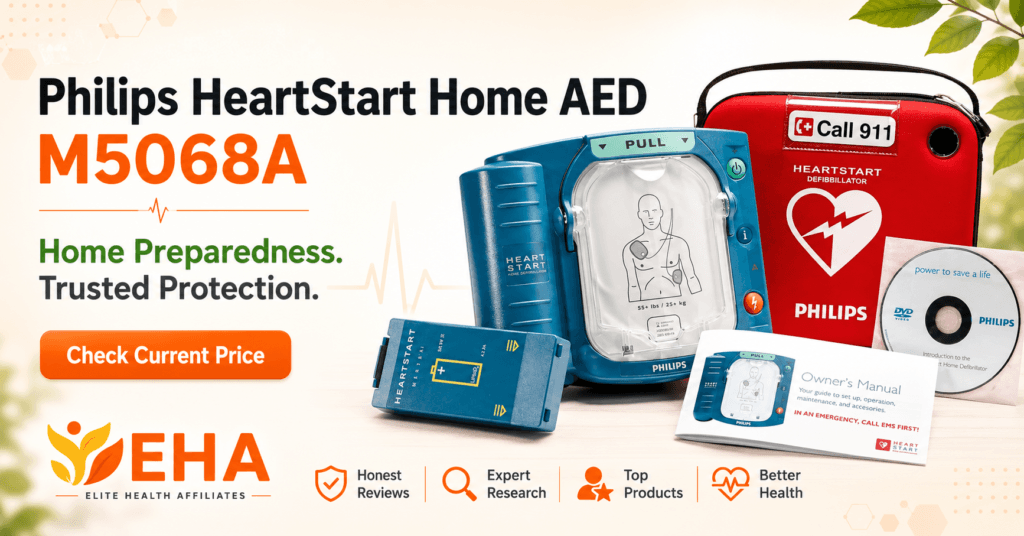 Philips HeartStart Home AED M5068A with carrying case, battery, training materials, EHA branding, and a “Check Current Price” call to action.