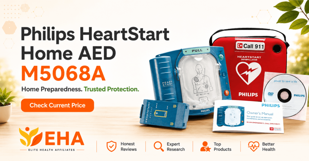Philips HeartStart Home AED M5068A with carrying case, battery, training materials, EHA branding, and a “Check Current Price” call to action.
