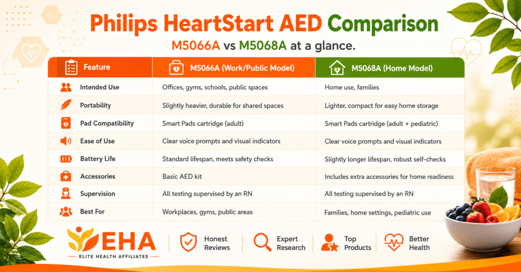 Philips HeartStart AED comparison chart showing the M5066A workplace/public model versus the M5068A home model, including intended use, portability, pad compatibility, battery life, accessories, and best-use settings.